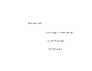 More widget areas?
functions.php (in your CHILD THEME!)
layout builders (plugin)
shortcodes (plugin)