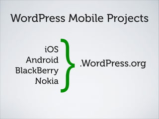 WordPress Mobile Projects
.WordPress.org
iOS
Android
BlackBerry
Nokia
}
 