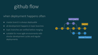 github flow
master
small-bugfix
awesome-feature
when deployment happens often
 master branch is always deployable
 all development happens in topic branches
 topic branches are verified before merging
 suitable for more agile environments with
shorter development cycles and regular
deployments
 