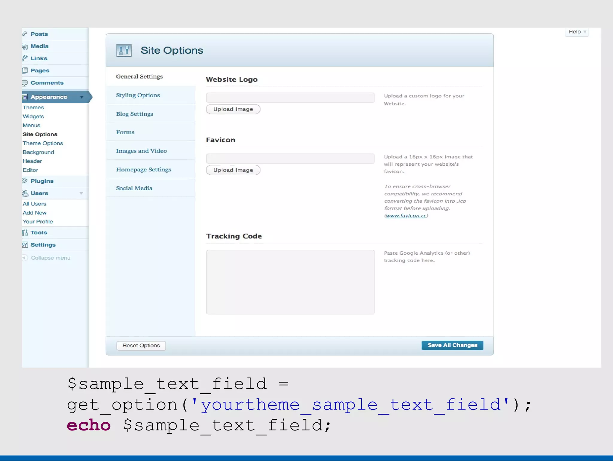 $sample_text_field =
get_option('yourtheme_sample_text_field');
echo $sample_text_field;
 