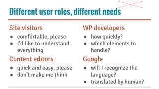 Different user roles, different needs
Site visitors

WP developers

● comfortable, please
● I’d like to understand
everything

● how quickly?
● which elements to
handle?

Content editors

Google

● quick and easy, please
● don’t make me think

● will I recognize the
language?
● translated by human?

 