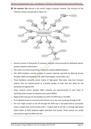 Wireless Communication: Unit 1- Introduction To Wireless Telecommunication System & Networks
Prof. Suresha V, Dept. Of E&C E. K V G C E, Sullia, D.K-574 327 Page 11
 The Internet: The Internet is the world's largest computer network. The structure of the
Internet is shown conceptually in Figure 1.8.
o Internet consists of thousands of computer networks interconnected by dedicated special-
purpose switches called routers.
o The routers are interconnected by a wide area network (WAN) backbone.
o This WAN backbone actually consists of several networks operated by National Service
Providers (NSP) (namely Sprint Link, UNet Technologies, internet MCI, etc.)
o These backbone networks consist mainly of high-speed, fiber-optic, long haul transport
systems that are interconnected at a limited number of hubs that also allow for the
connection of regional ISPs.
o These national service provider (NSP) networks are interconnected to each other at
switching centers known as network access points (NAPs).
o Regional ISPs may tap into the backbone at either the NSP hubs or the NAPs.
o If an individual wants to connect to the Internet, he or she must usually go through an ISP.
o The user might connect to the ISP through the PSTN over a low-speed dial-up connection
using a modem that communicates with a "modem pool at the ISP, or through high-speed
cable-modem or ADSL (adaptive digital subscriber line) service. These services are usually
connected through the PDN to the ISP.
 