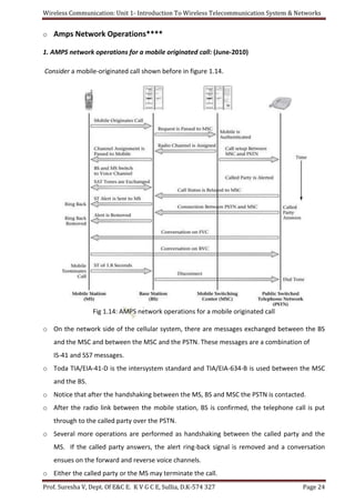 Wireless Communication: Unit 1- Introduction To Wireless Telecommunication System & Networks
Prof. Suresha V, Dept. Of E&C E. K V G C E, Sullia, D.K-574 327 Page 24
o Amps Network Operations****
1. AMPS network operations for a mobile originated call: (June-2010)
Consider a mobile-originated call shown before in figure 1.14.
Fig 1.14: AMPS network operations for a mobile originated call
o On the network side of the cellular system, there are messages exchanged between the BS
and the MSC and between the MSC and the PSTN. These messages are a combination of
IS-41 and SS7 messages.
o Toda TIA/EIA-41-D is the intersystem standard and TIA/EIA-634-B is used between the MSC
and the BS.
o Notice that after the handshaking between the MS, BS and MSC the PSTN is contacted.
o After the radio link between the mobile station, BS is confirmed, the telephone call is put
through to the called party over the PSTN.
o Several more operations are performed as handshaking between the called party and the
MS. If the called party answers, the alert ring-back signal is removed and a conversation
ensues on the forward and reverse voice channels.
o Either the called party or the MS may terminate the call.
 