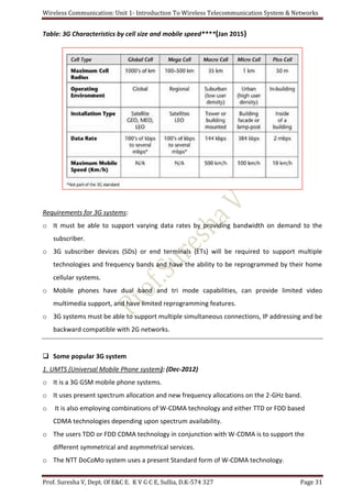 Wireless Communication: Unit 1- Introduction To Wireless Telecommunication System & Networks
Prof. Suresha V, Dept. Of E&C E. K V G C E, Sullia, D.K-574 327 Page 31
Table: 3G Characteristics by cell size and mobile speed****(Jan 2015)
Requirements for 3G systems:
o It must be able to support varying data rates by providing bandwidth on demand to the
subscriber.
o 3G subscriber devices (SDs) or end terminals (ETs) will be required to support multiple
technologies and frequency bands and have the ability to be reprogrammed by their home
cellular systems.
o Mobile phones have dual band and tri mode capabilities, can provide limited video
multimedia support, and have limited reprogramming features.
o 3G systems must be able to support multiple simultaneous connections, IP addressing and be
backward compatible with 2G networks.
 Some popular 3G system
1. UMTS (Universal Mobile Phone system): (Dec-2012)
o It is a 3G GSM mobile phone systems.
o It uses present spectrum allocation and new frequency allocations on the 2-GHz band.
o It is also employing combinations of W-CDMA technology and either TTD or FDD based
CDMA technologies depending upon spectrum availability.
o The users TDD or FDD CDMA technology in conjunction with W-CDMA is to support the
different symmetrical and asymmetrical services.
o The NTT DoCoMo system uses a present Standard form of W-CDMA technology.
 