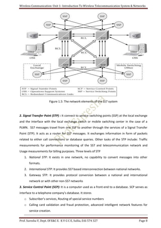 Wireless Communication: Unit 1- Introduction To Wireless Telecommunication System & Networks
Prof. Suresha V, Dept. Of E&C E. K V G C E, Sullia, D.K-574 327 Page 8
Figure 1.5: The network elements of the SS7 system
2. Signal Transfer Point (STP) : It connect to service switching points (SSP) at the local exchange
and the interface with the local exchange switch or mobile switching center in the case of a
PLMN. SS7 messages travel from one SSP to another through the services of a Signal Transfer
Point (STP). It acts as a router for SS7 messages. It exchanges information in form of packets
related to either call connections or database queries. Other tasks of the STP include: Traffic
measurements for performance monitoring of the SS7 and telecommunication network and
Usage measurements for billing purposes. Three levels of STP
1. National STP: It exists in one network, no capability to convert messages into other
formats.
2. International STP: It provides SS7 based interconnection between national networks.
3. Gateway STP: It provides protocol conversion between a national and international
network or with other non-SS7 networks
3. Service Control Point (SCP): It is a computer used as a front-end to a database. SCP serves as
interface to a telephone company’s database. It stores
o Subscriber’s services, Routing of special service numbers
o Calling card validation and fraud protection, advanced intelligent network features for
service creation.
 