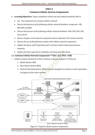 Wireless Communication: Unit 2 - Common Cellular System Components
Prof. Suresha V, Dept. Of E&C E. K V G C E, Sullia, D.K-574 327 Page 1
UNIT-2
Common Cellular System Components
 Learning Objectives : Upon completion of this unit, the student should be able to
 List the component of a wireless cellular network.
 Discuss the functions of the following cellular network hardware component : MS,
RBS, BSC and MSC.
 Discuss the function of the following cellular network database: HLR, VLR, AUC, EIR,
and so forth.
 Discuss changes in the network component used to implement 3G wireless network.
 Discuss the use of identification number with cellular network components.
 Explain the basics of SS7 signaling used in wireless cellular telecommunications
networks.
 Explain the basics operations needed for call setup and call release.
2.1 .Common Cellular Network Components ***(Dec /Jan 2015 -12M)
o Cellular systems divided in to three sections as shown in figure 2.1.They are
1. Mobile Station (MS)
2. Base Station System (BSS)
3. Network Switching System (NSS) elements designed to perform certain operations
in support of the entire system.
Figure 2.1 Typical cellular system components
 