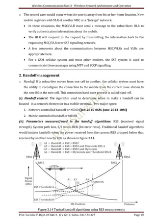 Wireless Communication: Unit 3 - Wireless Network Architecture and Operation
Prof. Suresha V, Dept. Of E&C E. K V G C E, Sullia, D.K-574 327 Page 19
o The second case would occur when the user is away from his or her home location. Now
mobile registers with VLR of another MSC or a ‘’foreign’’ network. .
 In these situations, the MSC/VLR must send a message to the subscribers HLR to
verify authentication information about the mobile.
 The HLR will respond to the request by transmitting the information back to the
requesting MSC/VLR over SS7 signalling network.
 A few comments about the communications between MSC/VLRs and VLRs are
appropriate here.
 For a GSM cellular system and most other modern, the SS7 system is used to
communicate these massages using MTP and SCCP signalling.
2. Handoff management
o Handoff: If a subscriber moves from one cell to another, the cellular system must have
the ability to reconfigure the connection to the mobile from the current base station to
the new BS in the new cell. This connection hand over process is called hand-off.
(i). Handoff control: The algorithm used to determine when to make a handoff can be
located in a network element or in a mobile terminal. Two major types:
1. Network controlled handoff or NCHO (Jan-2015-06M, June-2013-10M)
2. Mobile-controlled handoff or MCHO
(ii). Parameters measured/used in the handoff algorithms: RSS (received signal
strength), System path loss, S/I ratios, BER (bit error ratio). Traditional handoff algorithms
would initiate handoffs when the power received from the current RBS dropped below that
received by another nearby RBS as shown in figure 3.14.
Figure 3.14 Typical handoff algorithms using RSS measurements
 