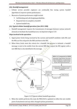 Wireless Communication: Unit 3 - Wireless Network Architecture and Operation
Prof. Suresha V, Dept. Of E&C E. K V G C E, Sullia, D.K-574 327 Page 20
(iii). Handoff management:
o Cellular service provider engineers are continually fine tuning system handoff
algorithms to improve system performance.
o Measures of system performance might include
 Call blocking and call dropping probability.
 Required time to complete a handoff,
 System handoff rate.
(iv). Typical cellular handoff operation ( Jun-2011-10M)
o Handoff management requires the transmission of messages between various network
elements to facilitate the handoff process. As depicted in figure 3.15
Steps involved in the operation:
1. Signal power levels being received by the current and handoff candidate radio BSs and
the MSs are first relayed to the RBS and then to the BSC.
2. When these levels meet the criteria for a handoff, the process is initiated. a handoff
message is sent to the mobile from the current RBS that request the MS register with a
new RBS that is also identified in the message.
Figure 3.15 Typical cellular handoff operations
1. When the mobile performs this task, the MSCVLR is updated to reflect the new mobile
point of attachment and any other changed system parameters.
 