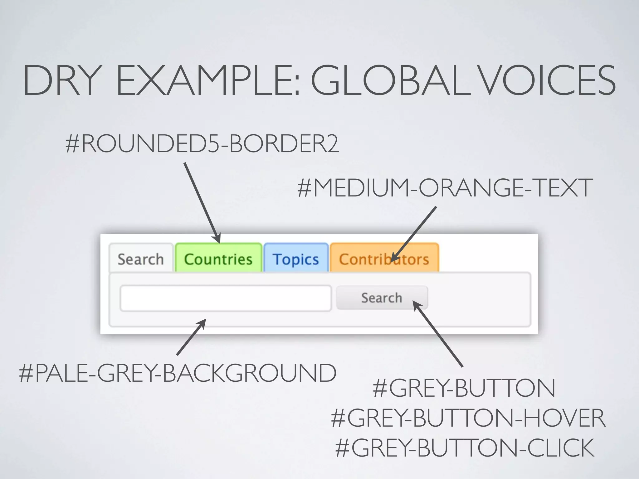 DRY EXAMPLE: GLOBAL VOICES
   #ROUNDED5-BORDER2
                  #MEDIUM-ORANGE-TEXT




#PALE-GREY-BACKGROUND
                      #GREY-BUTTON
                    #GREY-BUTTON-HOVER
                    #GREY-BUTTON-CLICK
 