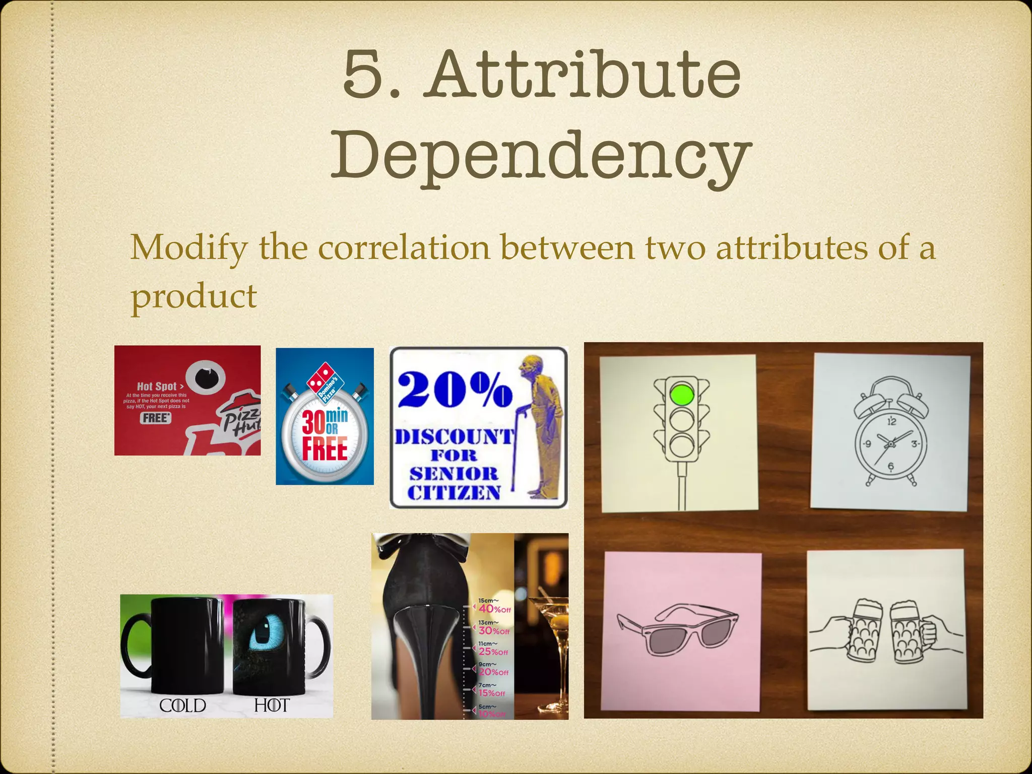 5. Attribute
Dependency
Modify the correlation between two attributes of a
product
 