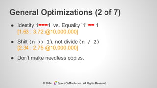 General Optimizations (2 of 7)
● Identity 1===1 vs. Equality '1' == 1
[1.63 : 3.72 @10,000,000]
● Shift (n >> 1), not divide (n / 2)
[2.34 : 2.75 @10,000,000]
● Don’t make needless copies.
© 2014 SpectrOMTech.com. All Rights Reserved.
 