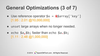 General Optimizations (3 of 7)
● Use reference operator $x = &$array['key']
[1.95 : 2.01 @10,000,000]
● unset large arrays when no longer needed.
● echo $a,$b; faster than echo $a.$b;
[1.11 : 2.48 @1,000,000]
© 2014 SpectrOMTech.com. All Rights Reserved.
 