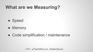 What are we Measuring?
● Speed
● Memory
● Code simplification / maintenance
© 2014 SpectrOMTech.com. All Rights Reserved.
 