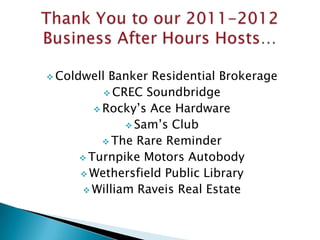 Coldwell Banker Residential Brokerage
           CREC Soundbridge
         Rocky’s Ace Hardware
               Sam’s Club
           The Rare Reminder
      Turnpike Motors Autobody
      Wethersfield Public Library
       William Raveis Real Estate
 
