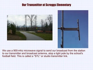 Our Transmitter at Scroggs Elementary We use a 900-mhz microwave signal to send our broadcast from the station to our transmitter and broadcast antenna, atop a light pole by the school's football field. This is called a &quot;STL&quot; or studio transmitter link. 