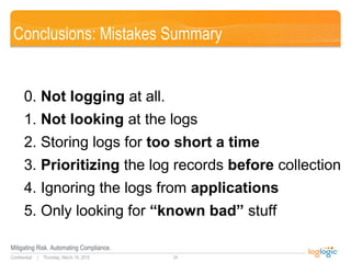Thursday, March 19, 2015
Mitigating Risk. Automating Compliance.
24Confidential |
Conclusions: Mistakes Summary
0. Not log...