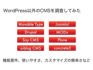 WordPress以外のCMSを調査してみた


    Movable Type   Joomla!

       Drupal       MODx

      Soy CMS       Plone

    a-blog CMS     concrete5


機能要件、使いやすさ、カスタマイズの簡単さなど
 