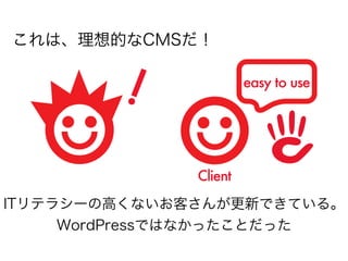 これは、理想的なCMSだ！


        !              easy to use




              Client
ITリテラシーの高くないお客さんが更新できている。
     WordPressではなかったことだった
 