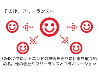 その後、フリーランスへ




CMSやフロントエンドの技術を売りに仕事を取り始
める。他の会社やフリーランスとコラボレーション
 