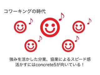 コワーキングの時代

     ♪
             ♪        ♪

         ♪        ♪

 強みを活かした分業、協業によるスピード感
  活かすにはconcrete5が向いている！
 