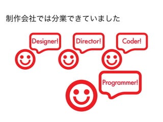 制作会社では分業できていました

   Designer!   Director!         Coder!




                           Programmer!
 
