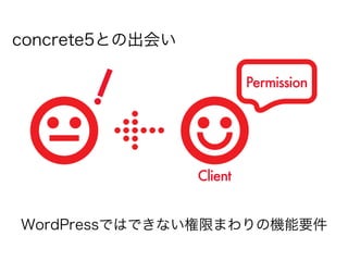 concrete5との出会い


      !                   Permission




                 Client


WordPressではできない権限まわりの機能要件
 