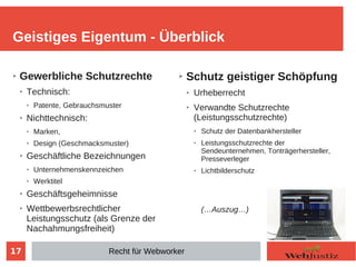 17
➢ Gewerbliche Schutzrechte
➢
Technisch:
➢ Patente, Gebrauchsmuster
➢
Nichttechnisch:
➢ Marken,
➢ Design (Geschmacksmuster)
➢ Geschäftliche Bezeichnungen
➢ Unternehmenskennzeichen
➢ Werktitel
➢ Geschäftsgeheimnisse
➢ Wettbewerbsrechtlicher
Leistungsschutz (als Grenze der
Nachahmungsfreiheit)
Geistiges Eigentum - Überblick
➢ Schutz geistiger Schöpfung
➢ Urheberrecht
➢ Verwandte Schutzrechte
(Leistungsschutzrechte)
➢ Schutz der Datenbankhersteller
➢ Leistungsschutzrechte der
Sendeunternehmen, Tonträgerhersteller,
Presseverleger
➢ Lichtbilderschutz
(…Auszug…)
Recht für Webworker
 