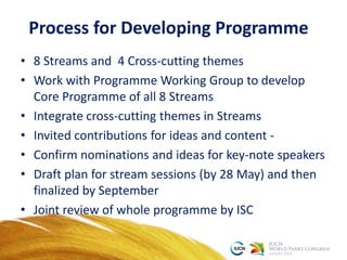 • 8 Streams and 4 Cross-cutting themes
• Work with Programme Working Group to develop
Core Programme of all 8 Streams
• Integrate cross-cutting themes in Streams
• Invited contributions for ideas and content -
• Confirm nominations and ideas for key-note speakers
• Draft plan for stream sessions (by 28 May) and then
finalized by September
• Joint review of whole programme by ISC
Process for Developing Programme
 