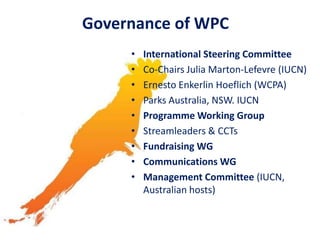• International Steering Committee
• Co-Chairs Julia Marton-Lefevre (IUCN)
• Ernesto Enkerlin Hoeflich (WCPA)
• Parks Australia, NSW. IUCN
• Programme Working Group
• Streamleaders & CCTs
• Fundraising WG
• Communications WG
• Management Committee (IUCN,
Australian hosts)
Governance of WPC
 