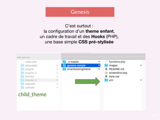 18
Genesis
C’est surtout :
la configuration d’un theme enfant,
un cadre de travail et des Hooks (PHP),
une base simple CSS pré-stylisée
child_theme
 