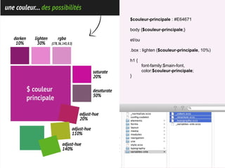 44
$couleur-principale : #E64671
body {$couleur-principale;}
et/ou
.box : lighten ($couleur-principale, 10%)
h1 {
font-family:$main-font,
color:$couleur-principale;
}
 