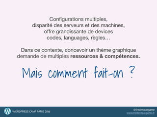 Configurations multiples,
disparité des serveurs et des machines,
offre grandissante de devices
codes, languages, règles…
Dans ce contexte, concevoir un thème graphique
demande de multiples ressources & compétences.
Mais comment fait-on ?
55WORDPRESS CAMP PARIS 2016
@frederiquegame
www.frederiquegame.fr
 