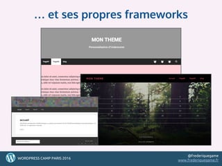 54
… et ses propres frameworks
5454545454WORDPRESS CAMP PARIS 2016
@frederiquegame
www.frederiquegame.fr
 