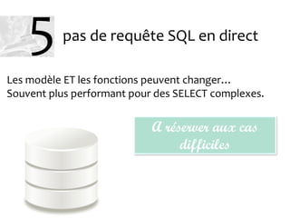 pas de requête SQL en direct
Les modèle ET les fonctions peuvent changer…
Souvent plus performant pour des SELECT complexes.
A réserver aux cas
difficiles
5
 