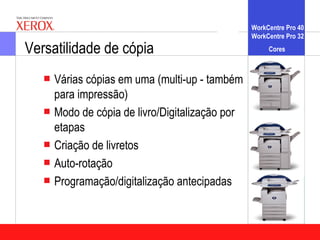 WorkCentre Pro 40
                                               WorkCentre Pro 32

Versatilidade de cópia                              Cores



   Várias cópias em uma (multi-up - também
    para impressão)
   Modo de cópia de livro/Digitalização por
    etapas
   Criação de livretos
   Auto-rotação
   Programação/digitalização antecipadas
 
