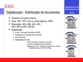 WorkCentre Pro 40
                                                                                      WorkCentre Pro 32
Digitalização - Distribuição de documentos                                                 Cores

    Colorida e em preto e branco
    Tipos PDF, TIFF (uma ou várias páginas), JPEG
    Resoluções: 600 x 600, 400 x 400,
     300 x 300 ou 200 x 200 dpi
    Digitalização
         E-mail – Serviços de diretório (LDAP)
         Integração com servidor de fax de rede
         Fax de Internet
         Digitalização em rede
                           Ampla variedade de soluções de parceiros
                           Serviços de digitalização do CentreWare
                           Digitalize para o PC – Aplicativos PaperPort nas versões
                              Standard e Deluxe e OCR OmniPage
 