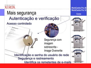 WorkCentre Pro 40
                                                    WorkCentre Pro 32
Mais segurança                                           Cores

 Autenticação e verificação
Acesso controlado




                              Segurança com
                              imagem
                              sobrescrita -
                              Image Overwrite
     Identificação e senha do usuário de rede
        Segurança e rastreamento
              Identifica os remetentes de e-mails
 