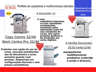 Portfólio de copiadoras e multifuncionais coloridos
                                                                   WorkCentre Pro 40
                                                                   WorkCentre Pro 32
    Novo                      A DocuColor 12
                                                                        Cores

                               é uma
                                 copiadora/impresso
                                 ra com resultados
                                 consistentes,
                                 excelente para
                                 aplicações onde há
                                 uso constante de
                                 cores, tais como
                                 projetos gráficos e
 Copy Centre 32/40               de produção em
                                 cores digitais.
Work Centre Pro 32/40                                   A família DocuColor
                                                          3535/1640/2240
Produtos com opção de uso de
   cores, recursos semelhantes                        equipamento
   aos do DocuCentre e cores                            multifuncional
   somente quando você                                  produtivo (colorido
   precisar. Disponíveis em
                                                        e preto e branco).
   configurações flexíveis e com
   preços competitivos.
 