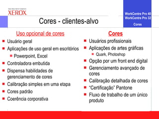 WorkCentre Pro 40
                                                                     WorkCentre Pro 32
                    Cores - clientes-alvo                                 Cores

        Uso opcional de cores                               Cores
   Usuário geral                               Usuários profissionais
   Aplicações de uso geral em escritórios      Aplicações de artes gráficas
      Powerpoint, Excel                             Quark, Photoshop
   Controladora embutida
                                                Opção por um front end digital
                                                Gerenciamento avançado de
   Dispensa habilidades de
                                                 cores
    gerenciamento de cores
                                                Calibração detalhada de cores
   Calibração simples em uma etapa
                                                “Certificação” Pantone
   Cores padrão                                Fluxo de trabalho de um único
   Coerência corporativa                        produto
 