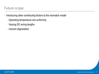 27Confidential | © 2016 SunPower Corporation |
Future scope
• Introducing other contributing factors to the mismatch model
–Operating temperature non-uniformity
–Varying DC wiring lengths
–Uneven degradation
 