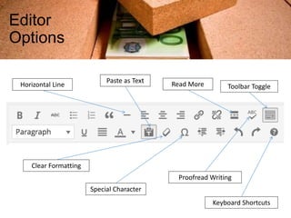 Editor
Options
Paste as Text
Clear Formatting
Special Character
Toolbar ToggleHorizontal Line Read More
Keyboard Shortcuts
Proofread Writing
 