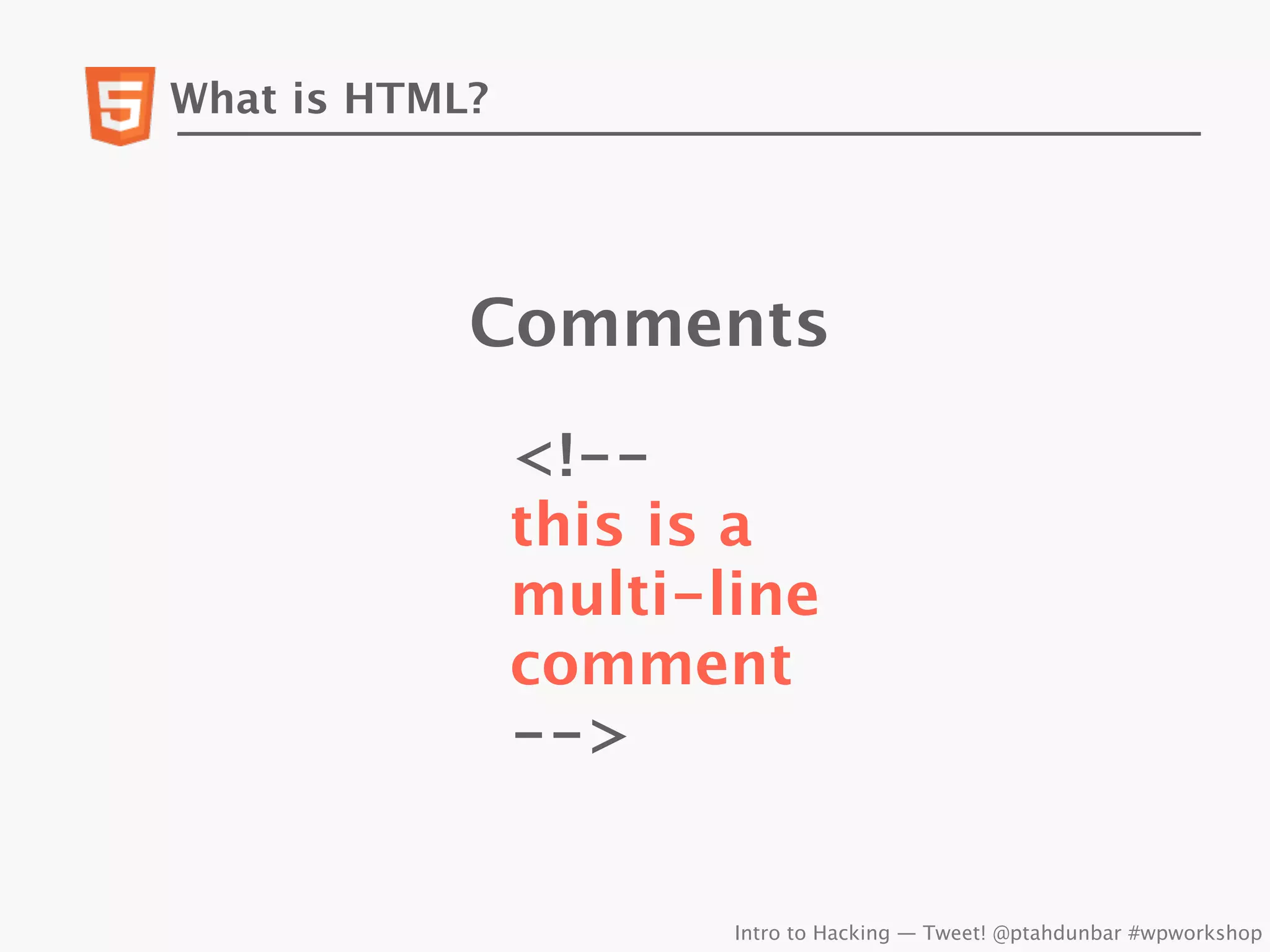 What is HTML?




            Comments
                <!--
                this is a
                multi-line
                comment
                -->


                       Intro to Hacking — Tweet! @ptahdunbar #wpworkshop
 