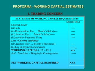 PROFORMA - WORKING CAPTIAL ESTIMATES 1. TRADING CONCERN STATEMENT OF WORKING CAPITAL REQUIREMENTS   Amount (Rs.) Current Assets (i) Cash  ---- (ii) Receivables ( For…..Month’s Sales)----  ---- (iii) Stocks ( For……Month’s Sales)-----  ---- (iv)Advance Payments if any  ---- Less : Current Liabilities (i) Creditors (For….. Month’s Purchases)-  ---- (ii) Lag in payment of expenses  -----_ WORKING CAPITAL  ( CA – CL )   xxx Add : Provision  / Margin for Contingencies  ----- NET WORKING CAPITAL REQUIRED     XXX 
