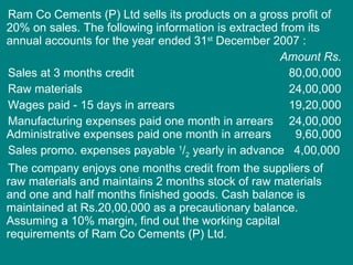Ram Co Cements (P) Ltd sells its products on a gross profit of 20% on sales. The following information is extracted from its annual accounts for the year ended 31 st  December 2007 :    Amount Rs.  Sales at 3 months credit  80,00,000 Raw materials  24,00,000 Wages paid - 15 days in arrears  19,20,000 Manufacturing expenses paid one month in arrears  24,00,000 Administrative expenses paid one month in arrears    9,60,000 Sales promo. expenses payable  1 / 2  yearly in advance  4,00,000 The company enjoys one months credit from the suppliers of raw materials and maintains 2 months stock of raw materials and one and half months finished goods. Cash balance is maintained at Rs.20,00,000 as a precautionary balance. Assuming a 10% margin, find out the working capital requirements of Ram Co Cements (P) Ltd. 