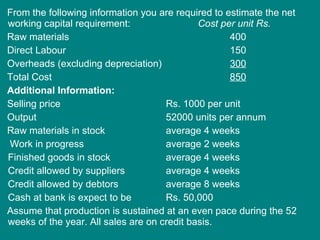 From the following information you are required to estimate the net working capital requirement:  Cost per unit Rs. Raw materials  400 Direct Labour  150 Overheads (excluding depreciation)  300   Total Cost  850 Additional Information:  Selling price  Rs. 1000 per unit  Output  52000 units per annum  Raw materials in stock  average 4 weeks Work in progress  average 2 weeks  Finished goods in stock  average 4 weeks  Credit allowed by suppliers  average 4 weeks  Credit allowed by debtors  average 8 weeks  Cash at bank is expect to be  Rs. 50,000  Assume that production is sustained at an even pace during the 52 weeks of the year. All sales are on credit basis.  