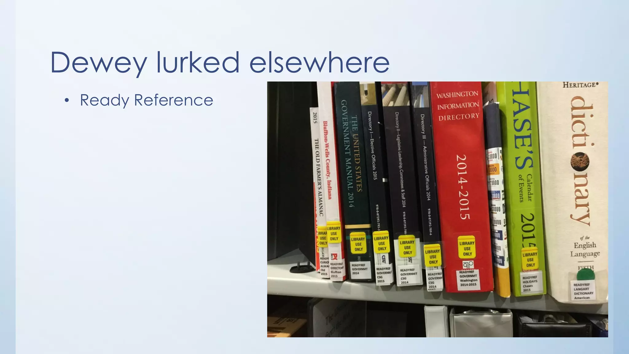 Dewey lurked elsewhere
• Ready Reference
 