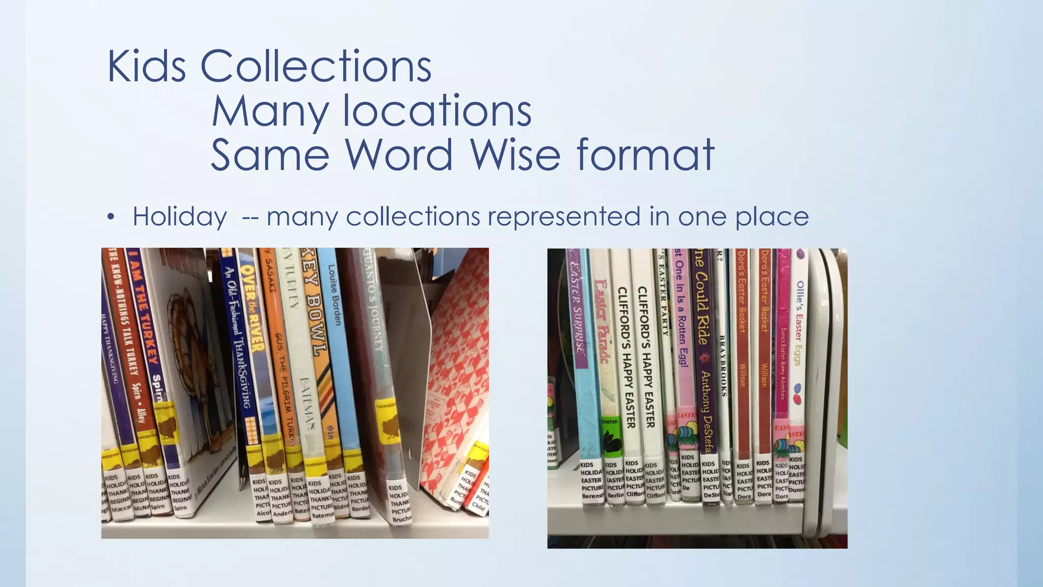 Kids Collections
Many locations
Same Word Wise format
• Holiday -- many collections represented in one place
 