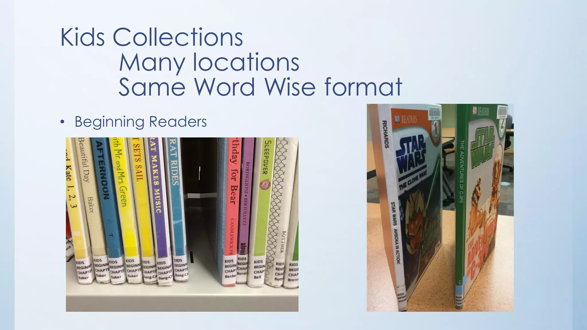 • Beginning Readers
Kids Collections
Many locations
Same Word Wise format
 