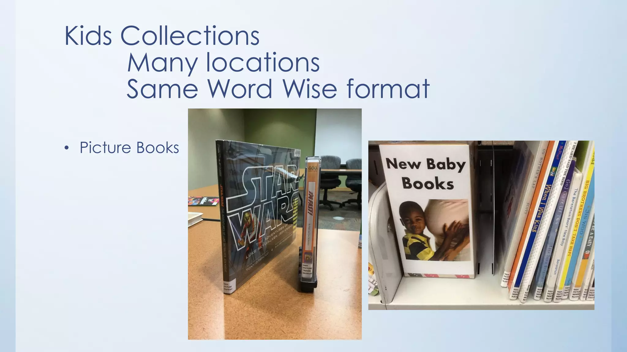 • Picture Books
Kids Collections
Many locations
Same Word Wise format
 