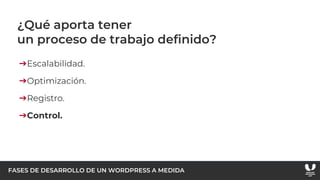 FASES DE DESARROLLO DE UN WORDPRESS A MEDIDA
¿Qué aporta tener
un proceso de trabajo definido?
➔Escalabilidad.
➔Optimización.
➔Registro.
➔Control.
 